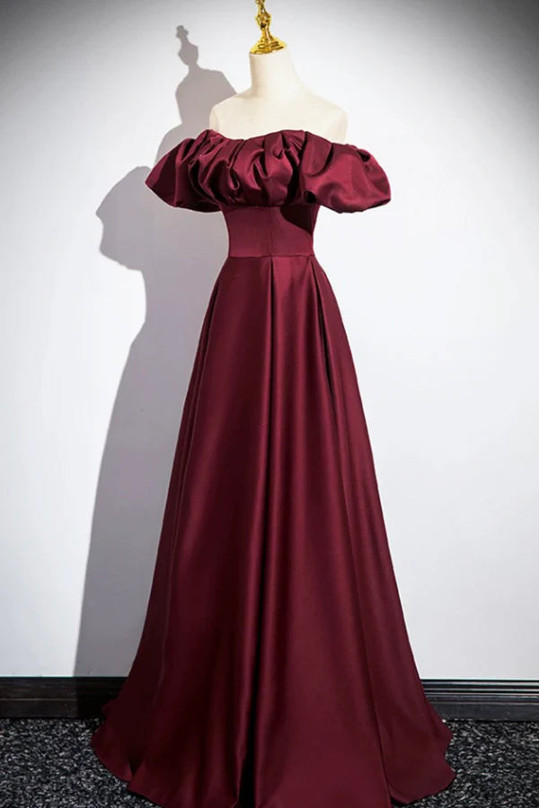 Wholesale Burgundy Satin Floor Length Prom Dress Simple A-Line Evening Party Dress